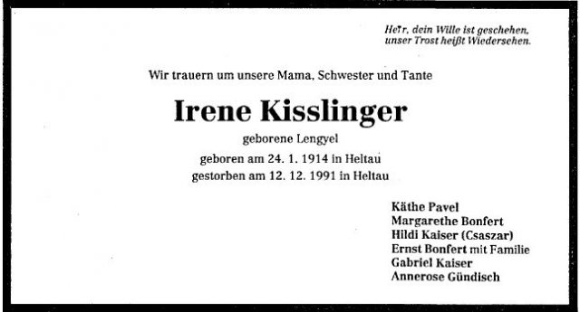 Lengyel Irene 1914-1991 Todesanzeige